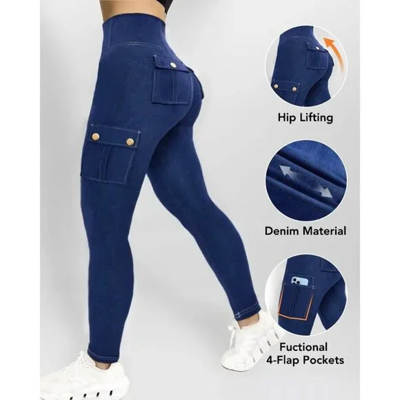 Women's High Waisted Jeggings Cotton Blend Tummy Control Cargo Pockets - Picture 4 of 4